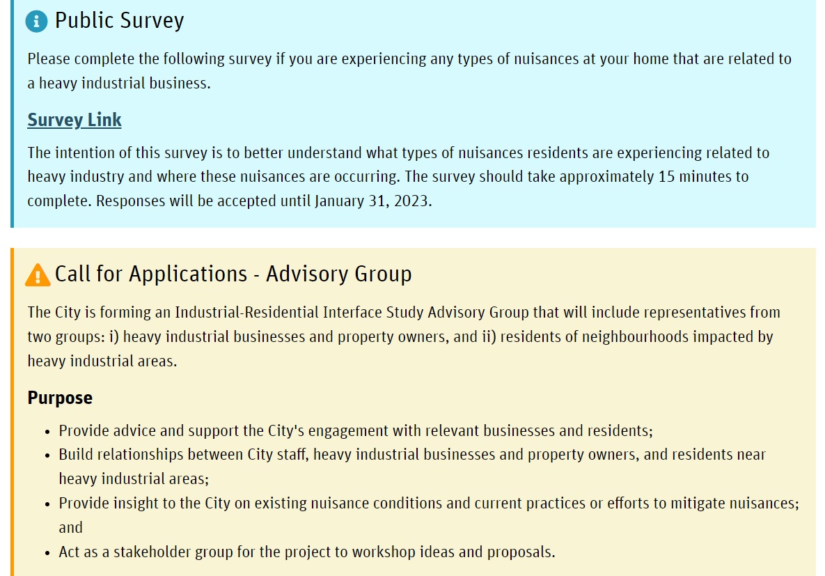 BridgeCityBuzz's tweet photo. ENGAGE - INDUSTRIAL-RESIDENTIAL INTERFACE

The City is studying ways to address nuisances that heavy industrial businesses can cause in residential areas.

Public Survey &amp; Call for Applications - Advisory Group

https://t.co/VgQQ6z8P1A

#yxe #yxecc https://t.co/DB0ZzwfVVb