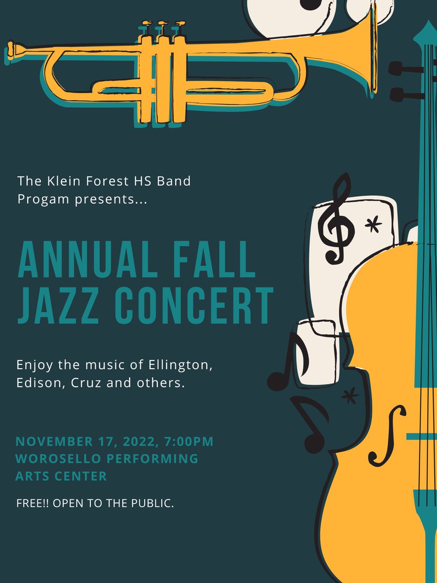 Our first jazz band concert of the year is coming up. Come on out to see and hear our @KleinForest Jazz Band. We can help you swing into the thanksgiving break on a high note!😁🦅🎺🎷🎸 #flyhigh #jazzeducation @kleinfinearts @KleinISD @jenny_mcgown 

Thurs., Nov. 17th, 7pm. FREE