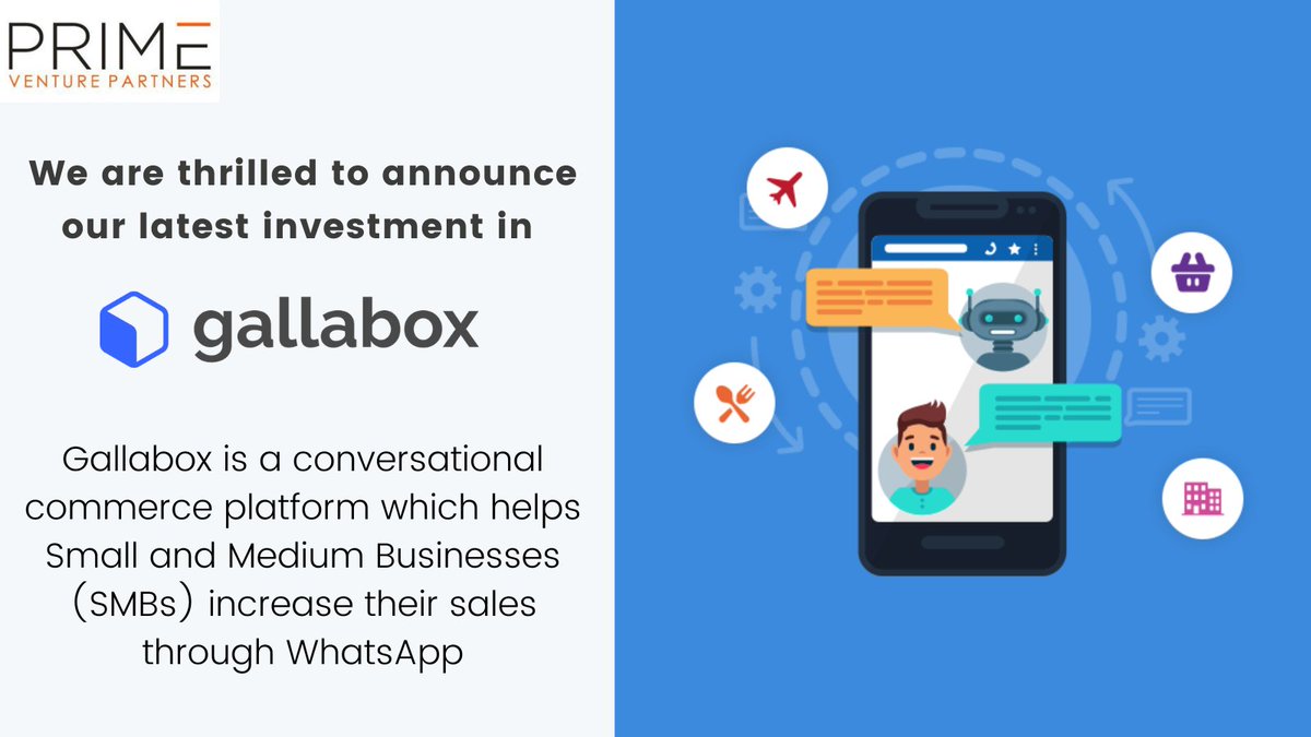 Announcing our latest investment in <a href="/gallabox/">Gallabox</a> as it helps SMBs accelerate #Sales on <a href="/WhatsApp/">WhatsApp</a>! Excited to work with <a href="/Karthikj/">Karthik</a> <a href="/yogeshnarayanan/">Yogesh Narayanan</a> &amp; <a href="/YathinVP/">Yathin</a> as they revolutionize conversational commerce for Indian #SMBs #buildforbharath

Read here - bit.ly/3hPFEew