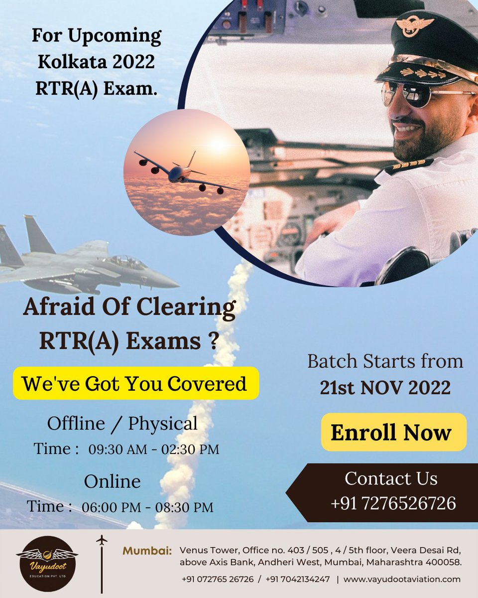 WeAreVayudoot's tweet image. Afraid of clearing RTR(A) Exams? We have got you Covered.
Our batch Starts From 21st NOV 2022.
For more details Contact us on +91 7276526726

#Vayudoot #Vayudootaviation #pilotacademy #pilot #pilotlife #pilottraining #pilotstudent #RTRAexams #studentpilotjourney #pilotcareers