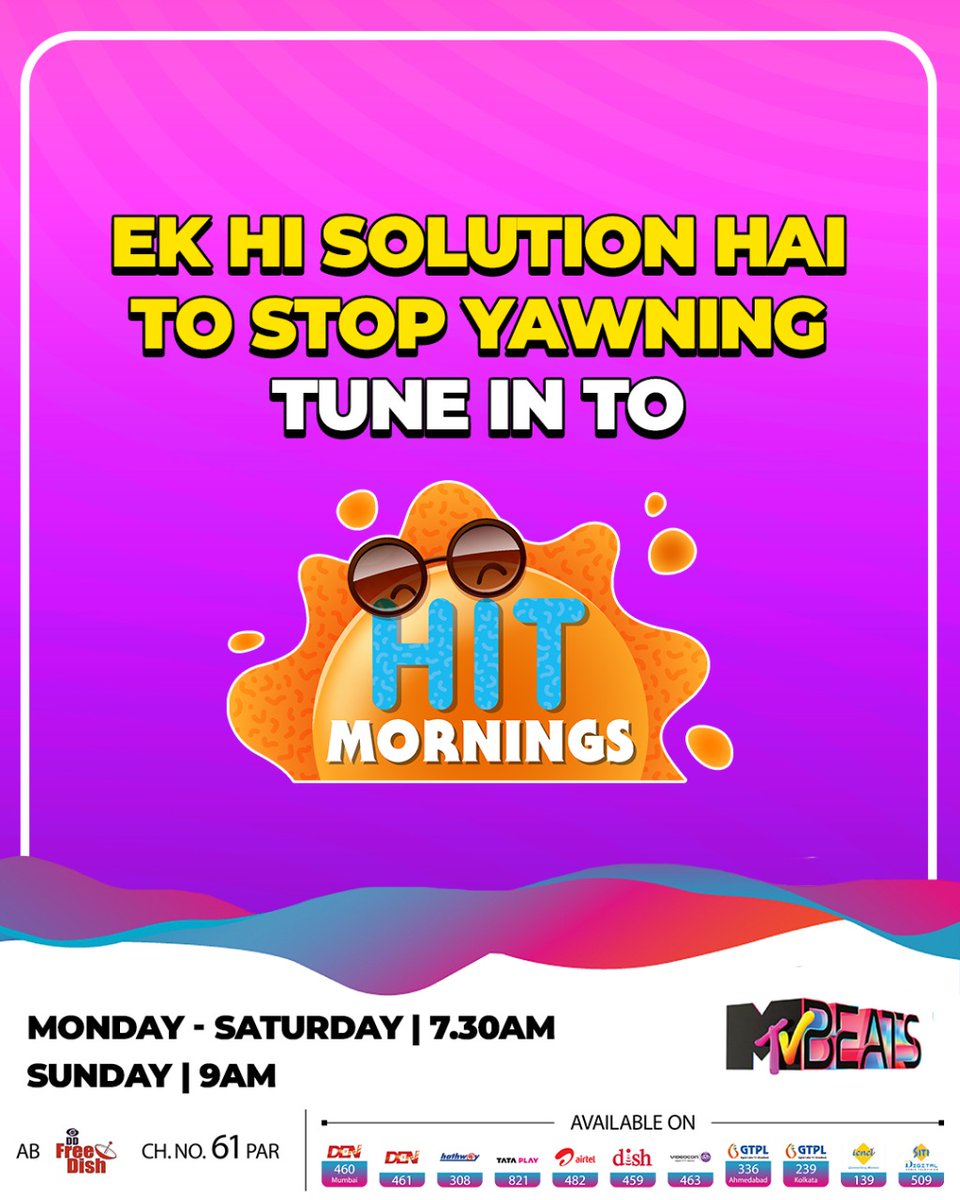 MTVBeats's tweet photo. Subha energise hone ka ek hi ilaaj, Hit Mornings par aajao yaar! 🌞🌻

Tune in kariye MTV Beats par Monday to Saturday at 7.30AM and Sunday at 9AM✨

#MTVBeats #BloodMeinHaiBeat #HitMornings #bollywoodmusic #morningplaylist https://t.co/ra2sShNVex