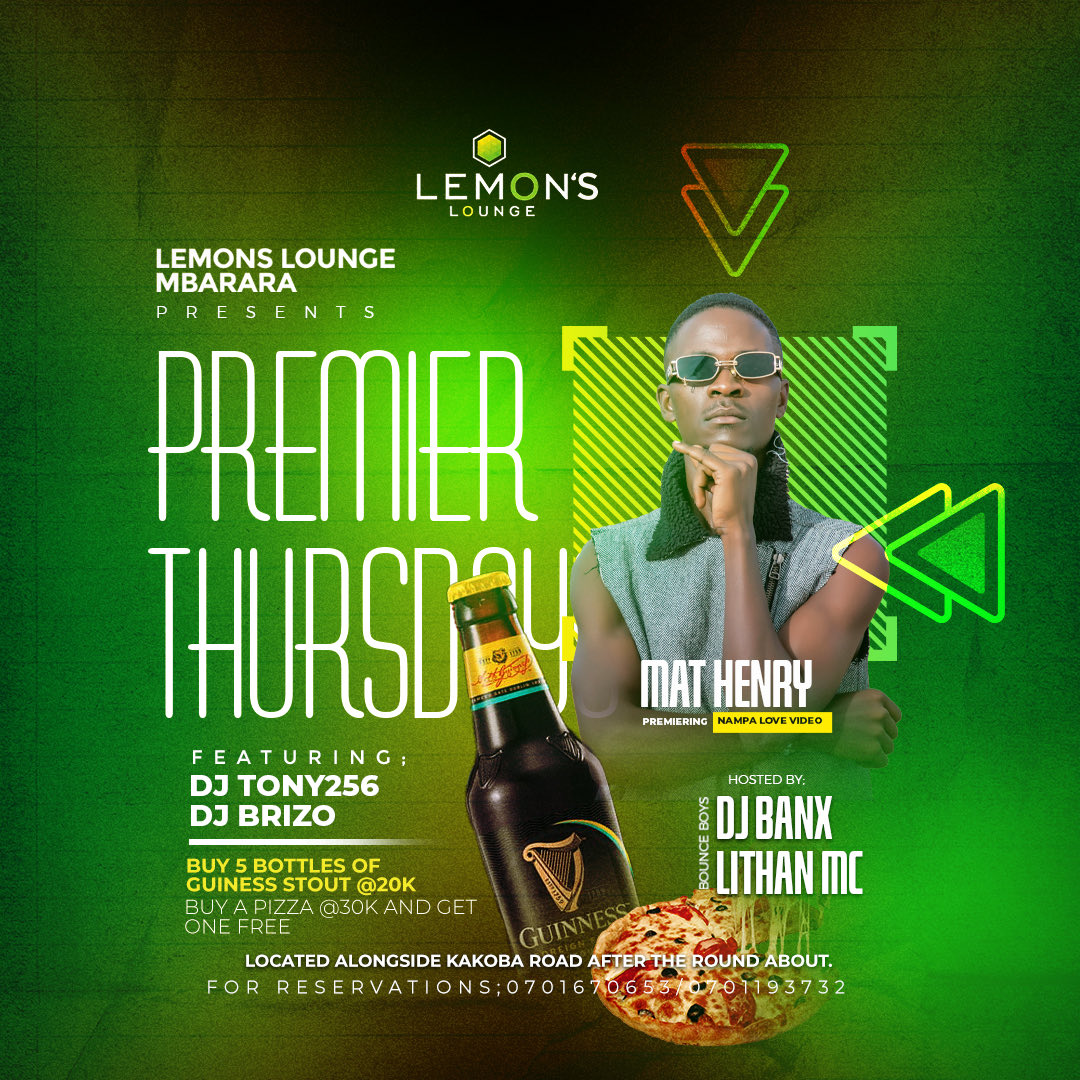 Lemons_Lounge's tweet photo. Today it's premier Thursday with Bounce boyz ft di Brizo and di Tonny 256. Surprise performances from mats Henry and scars and sound price come thru guys and support western talents 🔥Buy 5 Bottles Of Guinness Stout @ 20 K 🍻&amp; Buy a One Pizza @ 30 K And Get One Pizza Free 🍕🍕 https://t.co/SrjbnaLDdT