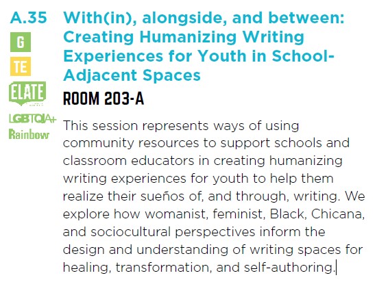 Excited to present tomorrow with <a href="/ScottWStorm/">Scott Storm</a> <a href="/traceyhabla/">Tracey Flores</a> and Christina Rodriguez on Creating Humanizing Spaces for Youth Writers. 9:30 a.m. in 203-A #ncte2022