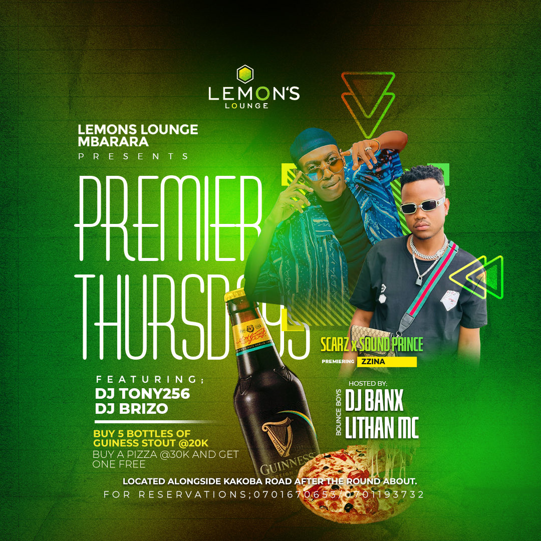 Lemons_Lounge's tweet photo. Today it's premier Thursday with Bounce boyz ft di Brizo and di Tonny 256. Surprise performances from mats Henry and scars and sound price come thru guys and support western talents 🔥Buy 5 Bottles Of Guinness Stout @ 20 K 🍻&amp; Buy a One Pizza @ 30 K And Get One Pizza Free 🍕🍕 https://t.co/PqlhzB49Rs