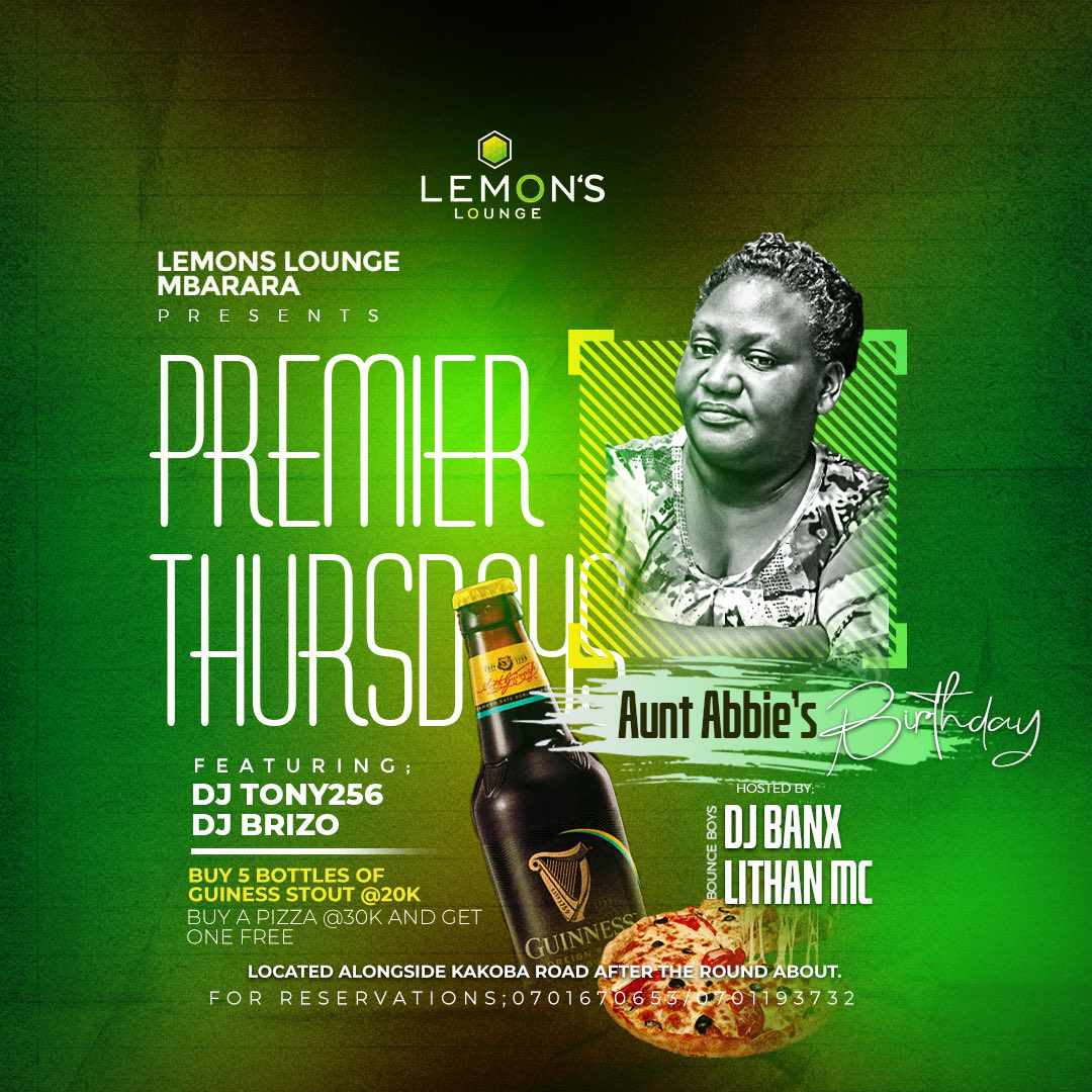 Today it's premier Thursday with Bounce boyz ft di Brizo and di Tonny 256. Surprise performances from mats Henry and scars and sound price come thru guys and support western talents 🔥Buy 5 Bottles Of Guinness Stout @ 20 K 🍻& Buy a One Pizza @ 30 K And Get One Pizza Free 🍕🍕