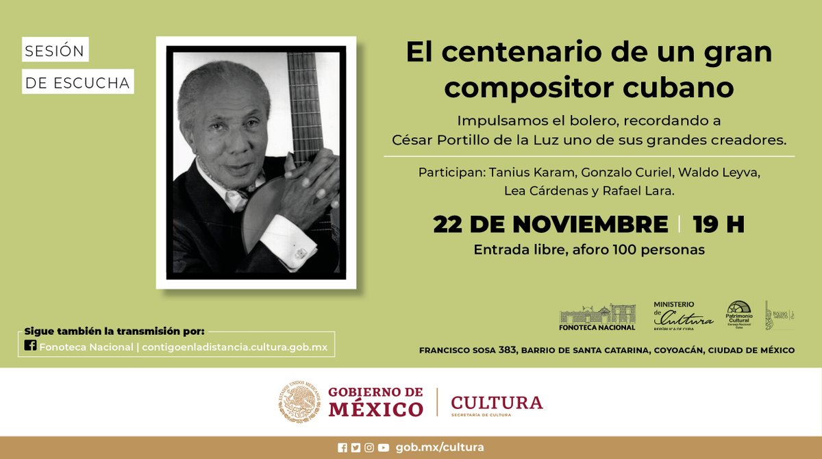 BoleroMX's tweet photo. ¿Te gusta el bolero? 🎶
Disfruta la obra del maestro
César Portillo de la Luz
#SesiónDeEscucha en la @fonoteca

22 NOV 19 HRS
ENTRADA LIBRE + LIVE
  
Tanius Karam
Gonzalo Curiel
Waldo Leyva
Lea Cárdenas
Rafael Lara
 
 #CDMX 
#Cultura
 #bolero
 #boleronews
 #boleromx
 #eventoibm https://t.co/UzjrJ4xlnQ
