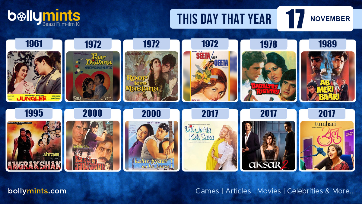 BollyMints's tweet photo. Here are the few #BollywoodMovies released on this day. Stay tuned at https://t.co/ohKmuyqHCy for more #updates
#ThisDayThatYear #17November #Junglee #PyarDiwana #SeetaAurGeeta #BadalteyRishtey #Angrakshak #KaaliKiSaugandh #KahinPyaarNaHoJaaye #DilJoNaKehSaka #Aksar2 #TumhariSulu https://t.co/3stv1QGxnY