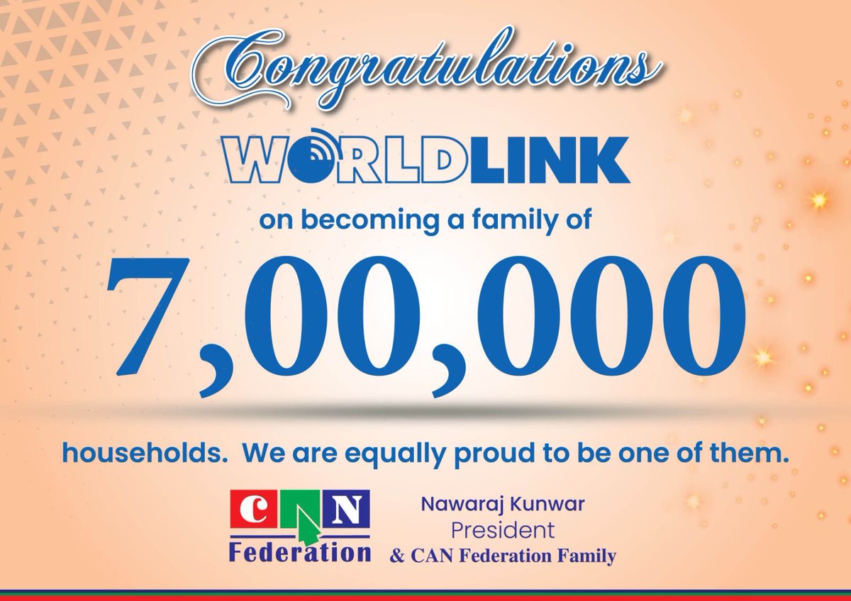 CAN Federation (@canfederationnp) on Twitter photo Congratulations! <a href="/WLinkComm/">WorldLink Communications Ltd.</a> on becoming a family of 7,00,000 households. We are equally proud to be one of them. Congratulations! <a href="/WLinkComm/">WorldLink Communications Ltd.</a> on becoming a family of 7,00,000 households. We are equally proud to be one of them.
