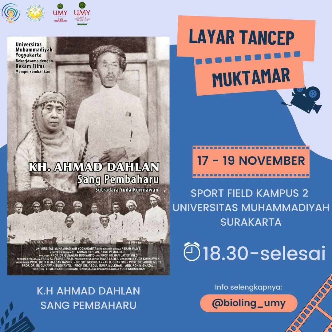 zeinmuktaf's tweet photo. Hari ini sampai malam minggu besok akan diputar 2 film yg baru rilis dan belum pernah ditayangkan umum sebelumnya. 
"KH Ahmad Dahlan Sang Pembaharu" Dan "Seragam Muktamar"

Di lapangan sepak bola kampus 2 UMS
Pukul 18.30 hingga selesai. 

Ramaikan ya lur

#Muktamar48 https://t.co/HMgYDy5wEo