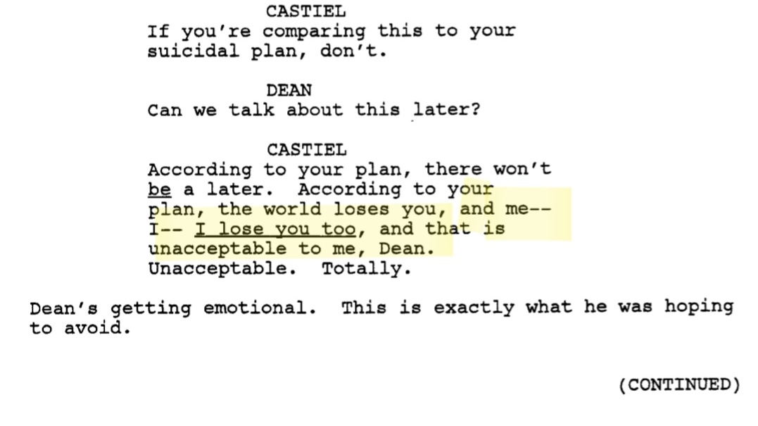 CasIsLoved's tweet photo. They cut Cas' "and me-- I-- I lose you too, and that is unacceptable to me, Dean." WHY DID THEY CUT THIS???????? https://t.co/GdjWzTbQTk