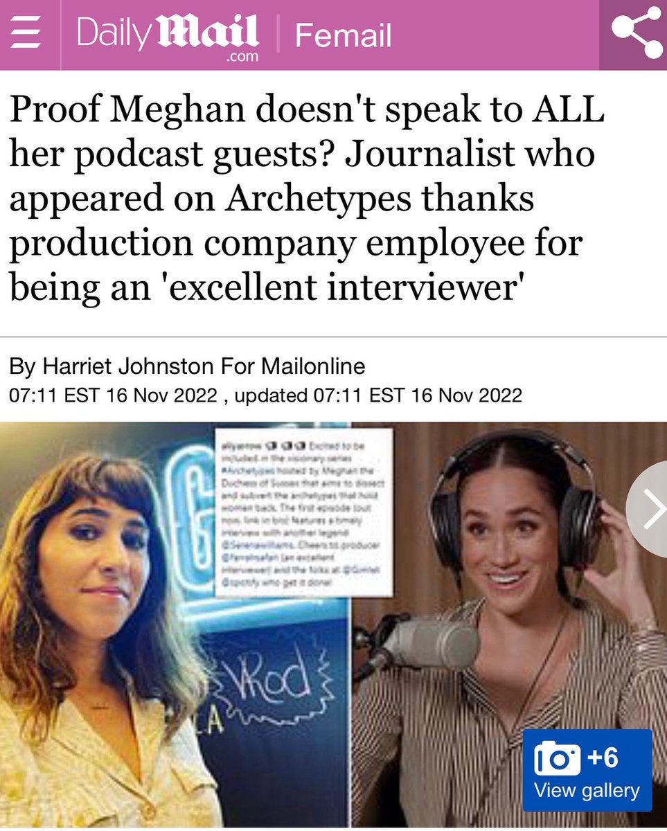 Moonchild714C's tweet photo. MM’s @Spotify #podcast is a fraud. Guest admits a member of her team actually did the interview, podcast is heavily edited. Are these woman beneath MM to actually interview?  Not famous enough, not rich enough, no titles. #DuchessofDeceit strikes again. #MeghanisaPhony https://t.co/GuxeZ97qgf