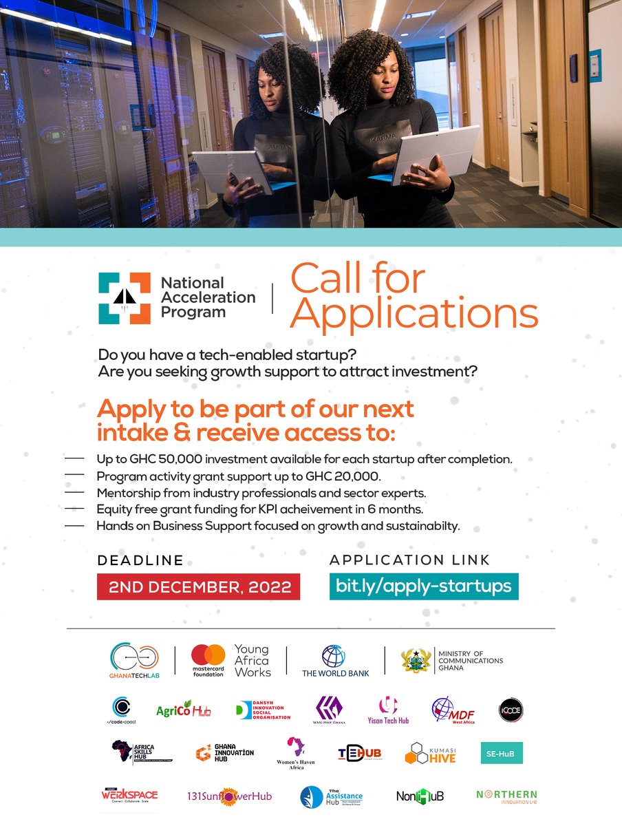 Do you have a tech-enabled start-up?
Are you seeking growth support to attract investment?

Apply to be part of our Next Intake 

Deadline: 2nd December 2022
Application Link: bit.ly/apply-startups

#GhanaTechLab 
#GTLImpact 
#NationalAccelerationProgram 
#Business #Aceleration
