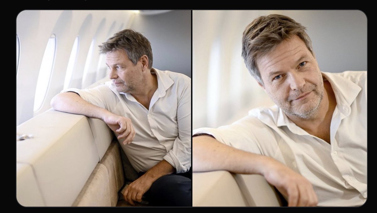 Welches Sujet sucht sich ein "Klimaschützer" für eine intime Portraitsession aus? Natürlich, einen Privatjet, was auch sonst? Wenn ehemalige Pazifisten mit Stahlhelm posieren, dürfen ehemalige Klimaschützer auch mal den jetsettenden Beau geben.