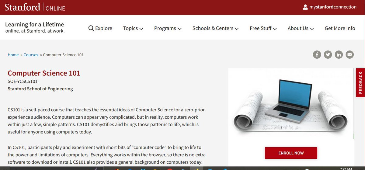 Damn_coder's tweet image. 1. Computer Science 101

CS101 is a self-paced course that teaches the essential ideas of Computer Science for a zero-prior-experience audience.

Anyone who has the ability to use a web browser may be successful in this course.

online.stanford.edu/courses/soe-yc…