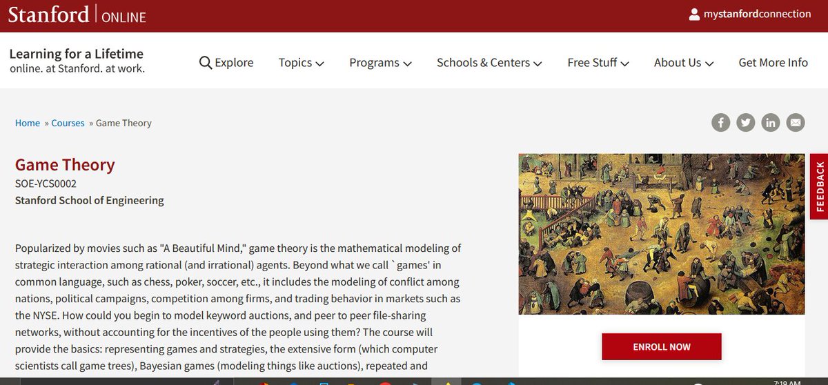 Damn_coder's tweet image. 2. Game Theory

This course will provide the basics: representing games and strategies.

 You&apos;ll learn a variety of examples including classic games and a few applications.

online.stanford.edu/courses/soe-yc…