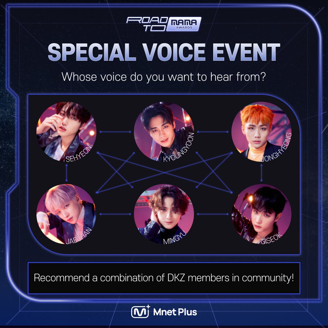 mnetplus's tweet photo. [#ROAD_TO_MAMAAWARDS] @dkz_dy 
🔊Listening to 2022 MAMA AWARDS on-site
SPECIAL VOICE from DKZ  

Recommend two members to give words of encouragement to each other in community!
▶https://t.co/ALsjeQKBBh
▶11/15(Tue)17:00~11/21(Mon) 17:00 (KST)

#ROAD_TO_MAX #MnetPlus #엠넷플러스 https://t.co/by7V75uBnD