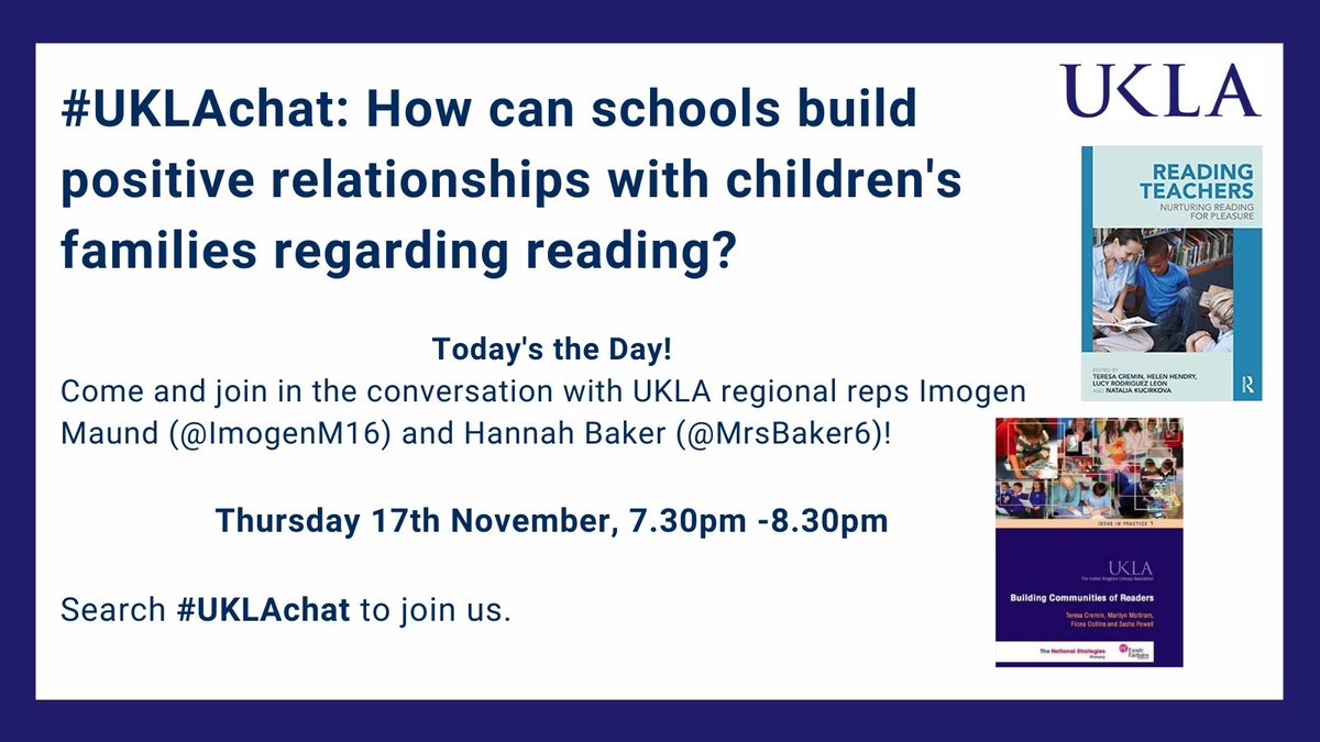 It's today! #UKLAChat How can schools build positive relationships with children's families regarding reading? Just search #UKLAChat at 7:30pm to join the conversation! <a href="/ImogenM16/">Imogen M16</a> and <a href="/MrsBaker6/">Hannah Baker</a>