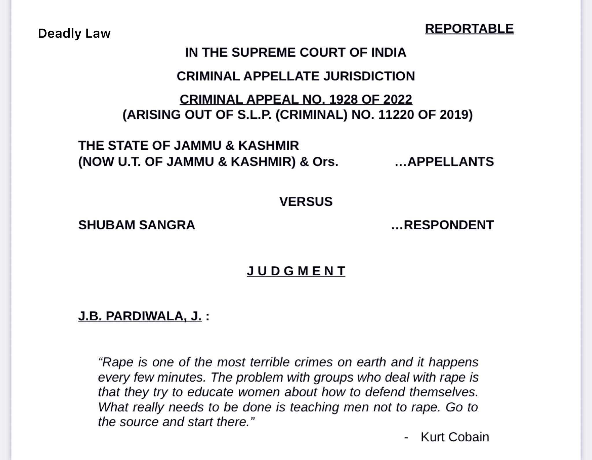 Deadly Law on Twitter "Supreme Court quoting Kurt Cobain in Kathua