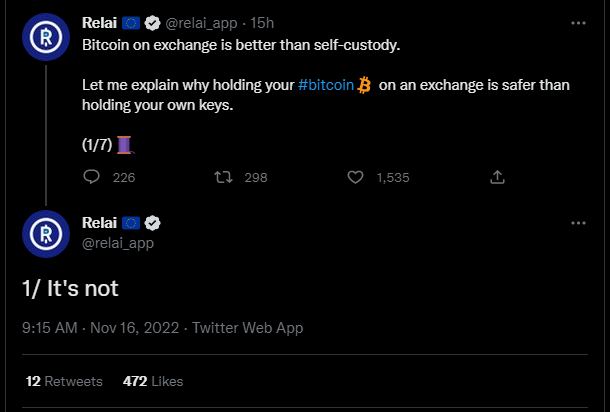 Bitcoin companies don't want your bitcoin.

They want you to hold your own bitcoin. The whole point of bitcoin is to avoid counterparty risk.

Even if they *can* custody it for you, they ask that you try to custody it instead, if possible.

Relai is a bitcoin company: