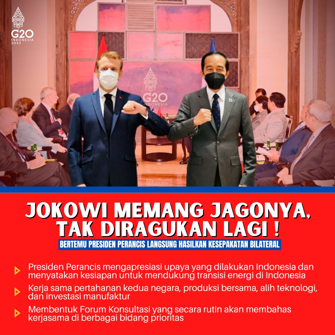 Tuai hasil baik ! Disela-sela KTT G20 Bali Jokowi mengadakan pertemuan bilateral dengan Presiden Prancis, Emmanuel Macron yang menghasilkan kesepakatan kerjasama dua negara.

Paha | Gibran | #KTTG20DeklarasiBali  | Pemain Terbaik | Daehan | INFJ