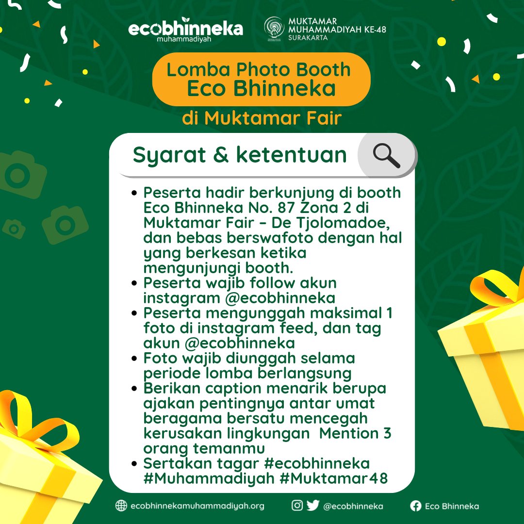 Yuk gabung kampanye untuk menyuarakan pentingnya antar umat beragama bersatu mencegah kerusakan lingkungan. Ikuti Lomba Photo Booth Eco Bhinneka di Muktamar Fair, dapatkan hadiah menarik!

ecobhinnekamuhammadiyah.org/yuk-ikuti-lomb……di-muktamar-fair/

#ecobhinneka #Muhammadiyah #JISRA #Muktamar48