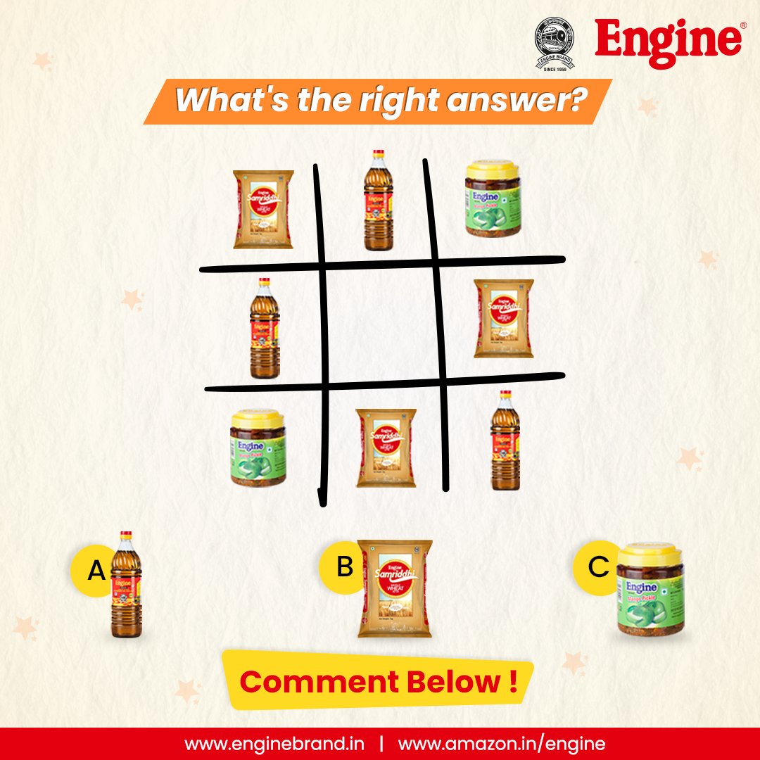 What's the right option that will make you win? Make a row from the Engine products mentioned and comment the wright answer! Let's see how many of you get the correct answer the quickest!

#EngineBrand #EngineProducts #TicTacToe #Comment #IndianCooking #DeliciousFood #DesiFood