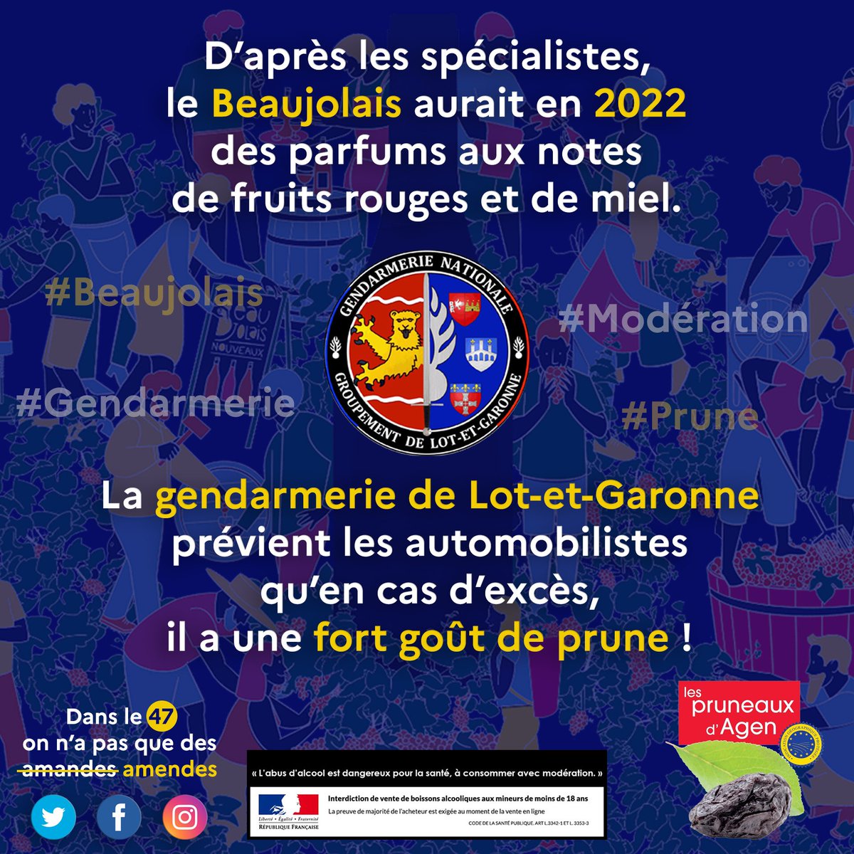 Gendarmerie de Lot-et-Garonne (@gendarmerie_047) on Twitter photo #BeaujolaisNouveau - Si certains lui prêtent un parfum de fruits rouges et de miel, la <a href="/Gendarmerie_047/">Gendarmerie de Lot-et-Garonne</a> prévient les automobilistes qu’en cas d’excès, il a un fort goût de prune! 😉 À Agen, pays de la prune 👮♀️, on a toujours de bons conseils! #PruneauDAgen #Beaujolais #Modération #BeaujolaisNouveau - Si certains lui prêtent un parfum de fruits rouges et de miel, la <a href="/Gendarmerie_047/">Gendarmerie de Lot-et-Garonne</a> prévient les automobilistes qu’en cas d’excès, il a un fort goût de prune! 😉 À Agen, pays de la prune 👮♀️, on a toujours de bons conseils! #PruneauDAgen #Beaujolais #Modération