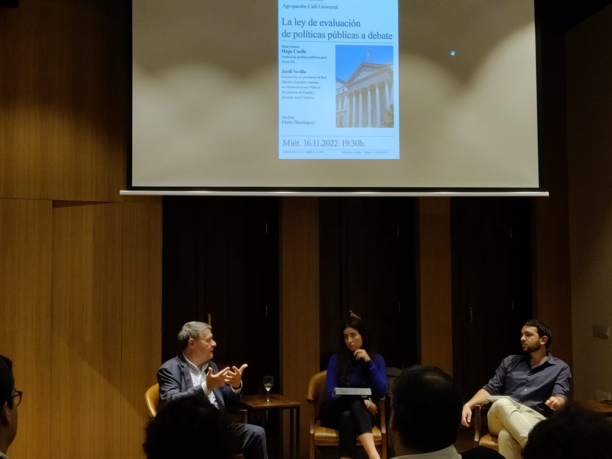 proyecto21esp's tweet photo. Qué lujo conversar con @sevillajordi y @hcuello_ sobre la futuro de la evaluación de políticas públicas, anoche. Muchísimas gracias al Ateneo (@ateneodemadrid) y los amigos de café universal (@elcafeuniversal) por su apoyo.
¡Seguimos! https://t.co/g88bp8HO7L