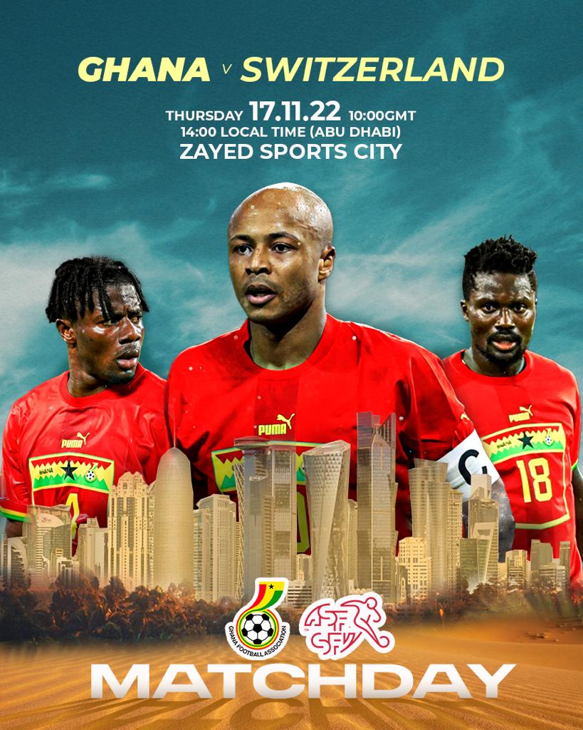 🚨 𝗠 𝗔 𝗧 𝗖 𝗛 𝗗 𝗔 𝗬 ⚽️

🇬🇭 Ghana 🆚 Switzerland 🇨🇭 

⌚️ 10:00 GMT
🏟️ Zayed Sports City

 #BlackStars | #BringBackTheLove
