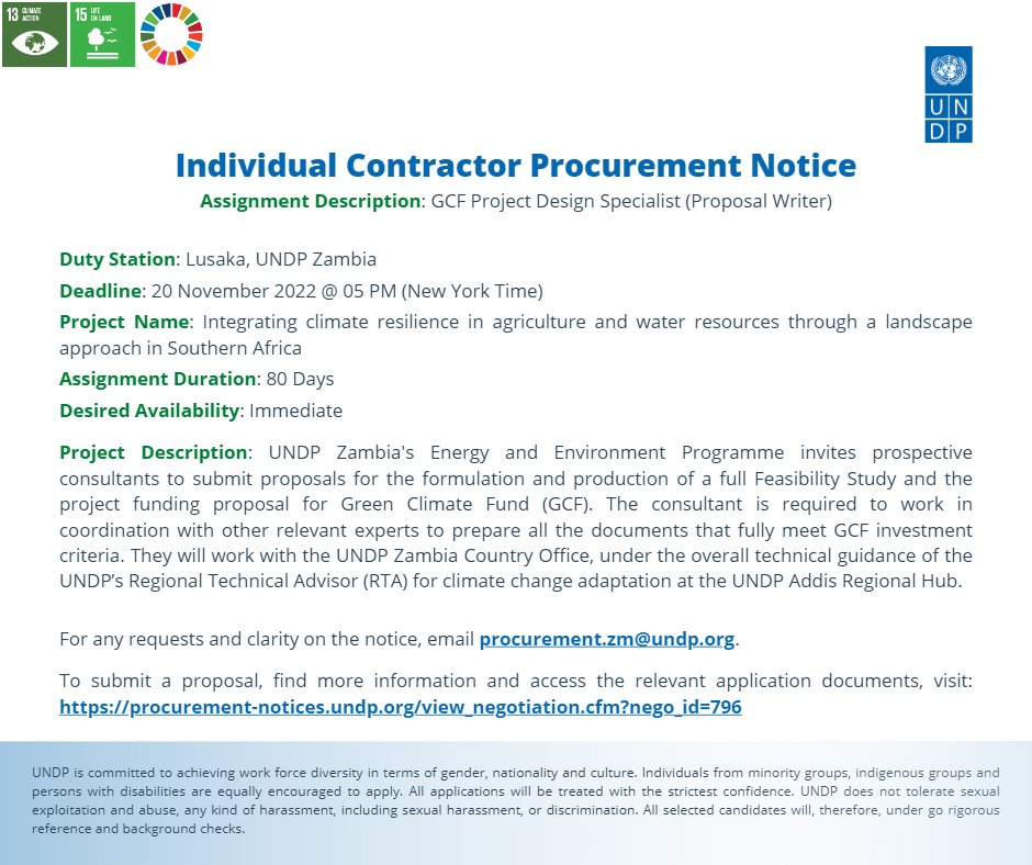 UNDPZambia's tweet photo. 📢[OPEN CALL] @theGCF in Zambia is seeking a Project Design Specialist/consultant to produce a full feasibility study and project funding proposal. All qualified candidates are encouraged to apply.

📑Applications close on 20 Nov. 

🧑‍💻For more info, visit: https://t.co/dQqZ8Bxt0R https://t.co/cyMxYMD6ot