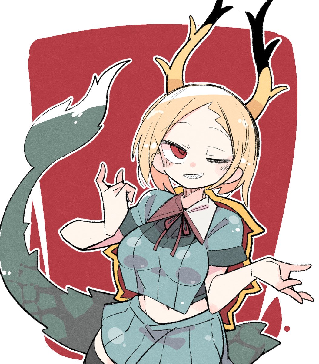 kicchou yachie 1girl blonde hair tail red eyes one eye closed solo horns  illustration images