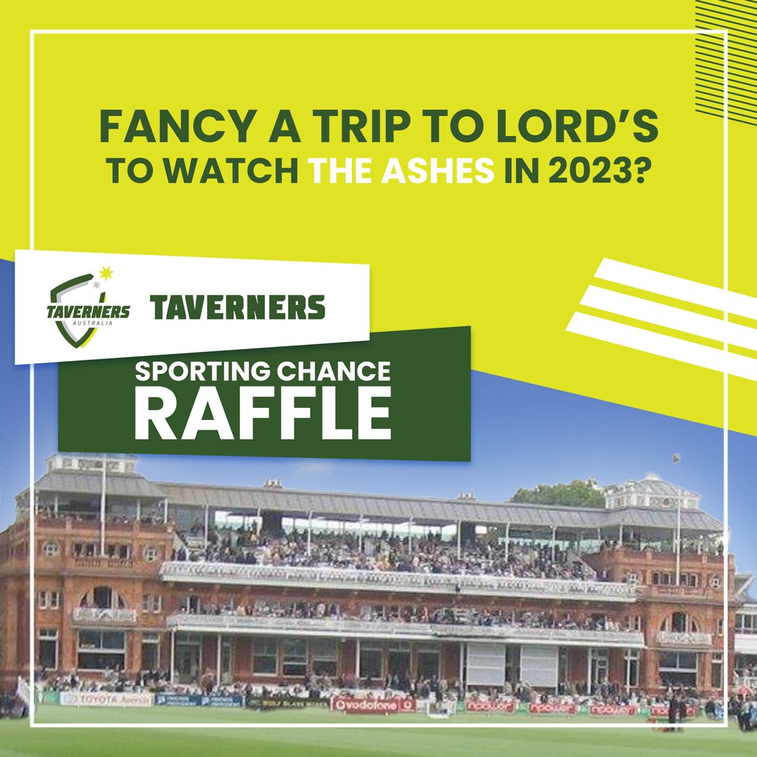 Fancy a trip to the <a href="/homeofcricket/">Lord's Cricket Ground</a> to watch the Ashes in 2023?

The Taverners #SportingChance Raffle has just launched and you could win BIG!

Don’t miss out – visit taverners.org.au/taverners-spor… to buy your ticket today!