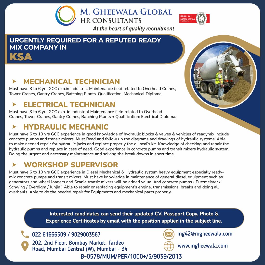 mgheewala_hrc's tweet photo. Job Vacancies for #Saudiarabia

Interested Candidates can send the updated resume to mg42@mgheewala.com

Learn More https://t.co/Ps4bxv2mB1

#saudiarabia #saudijobs #gheewalajobs #readymix #mechanicaltechnician #electricaltechnician #hydraulicmechanic #workshopsupervisor #hiring https://t.co/1q45y1hzwP