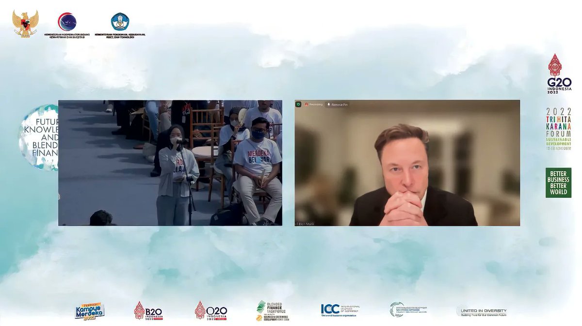 UKWMSofficial's tweet photo. Hi Wimates! Safira Titah Pramesti, mahasiswa FKIP UKWMS mendapat kesempatan untuk mengajukan pertanyaannya kepada Elon Musk, CEO Tesla pada acara "Intergenerational Dialogue for Our Emerging Future" di rangkaian KTT G20 lho! https://t.co/Na1HzLs6rW