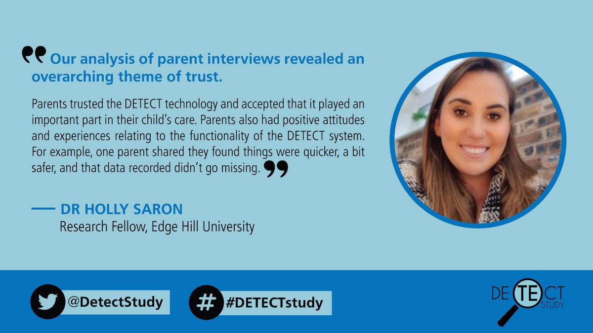 DetectStudy's tweet photo. After analysing interviews conducted with parents of patients who took part in the #DETECTstudy, @DrHolly_Saron, Research Fellow @edgehill, says she found parents trusted that the DETECT technology would support the care healthcare professionals provided, to keep their child safe https://t.co/5qlqyxdGiq