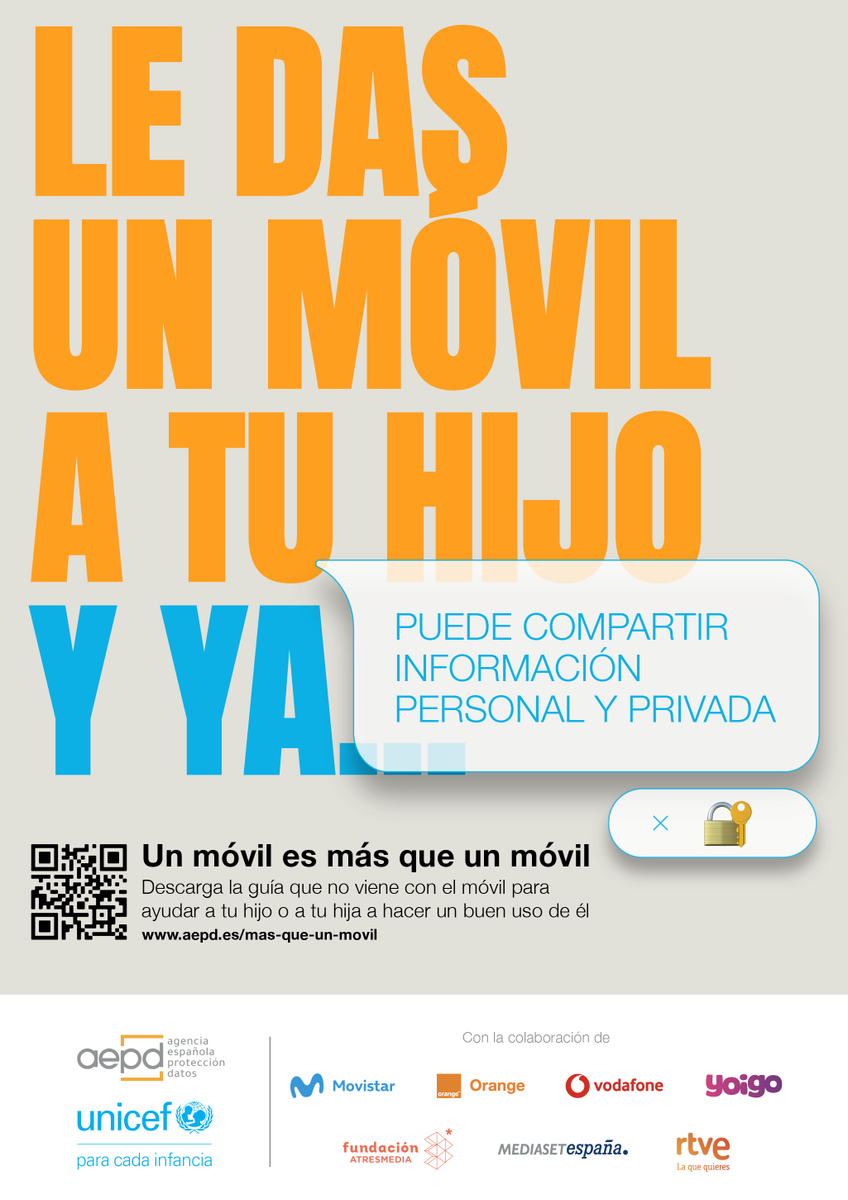 📢La <a href="/AEPD_es/">Agencia Española de Protección de Datos</a> y <a href="/unicef_es/">UNICEF España</a> lanzan la campaña #másqueunmóvil

✅Esta iniciativa, dirigida a las familias, ofrece la 📚 "Guía que no viene con el móvil", con las 10 claves que deben tener en cuenta antes de regalar a sus hijos/as un teléfono móvil.

🔗aepd.es/es/mas-que-un-…