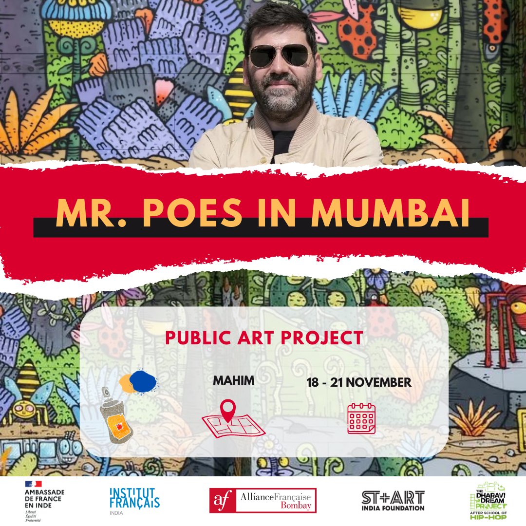 🎨AF Bombay in collaboration with St+Art India is excited to welcome #French street #artist Mr. Poes, here to transform the walls of Mumbai through his #murals

Watch his magic with spray cans and brush, this November in Mumbai!

Dates: 18 - 21 November
Venue: Dharavi, Mahim