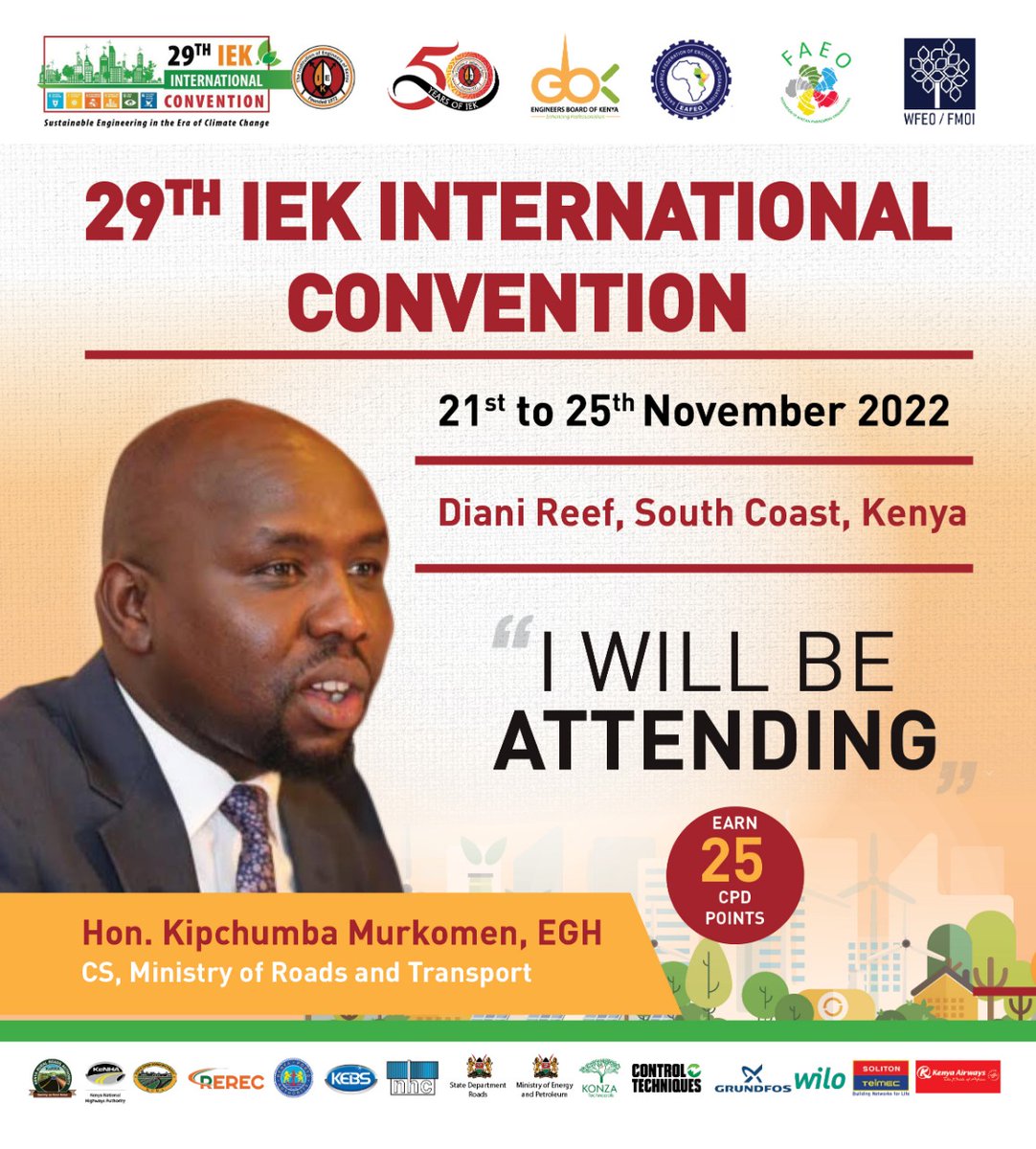 The Institution of Engineers of Kenya (@theiek) on Twitter photo . <a href="/TransportKE/">Ministry of Roads and Transport | Kenya</a> Cabinet Secretary <a href="/kipmurkomen/">KIPCHUMBA MURKOMEN, E.G.H</a> will be joining us for #29thIEKConvention in Diani.
Reserve your slot here book.iek.events . <a href="/TransportKE/">Ministry of Roads and Transport | Kenya</a> Cabinet Secretary <a href="/kipmurkomen/">KIPCHUMBA MURKOMEN, E.G.H</a> will be joining us for #29thIEKConvention in Diani.
Reserve your slot here book.iek.events