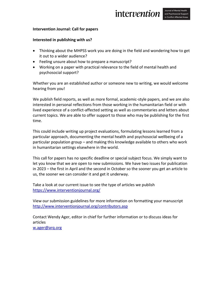 InterventionJnl's tweet image. CALL FOR PAPERS

Intervention currently publishes two issues per year.  We are always welcoming submission from all professionals in the field of MHPSS: practitioners, policy advisor/makers, researchers, etc.

This generic call for paper has no deadline.