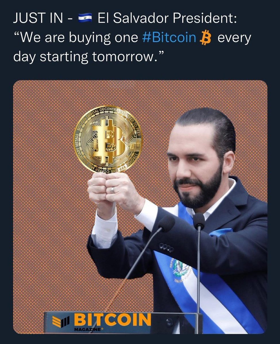 CoinCapit's tweet photo. JUST IN - El Salvador president: "We're buying one #Bitcoin every day starting tomorrow.
 #Bitcoin #BTC #cryptocurrecy #cryptoinvestment #CryptoNews #cryptotrading #CryptoTrends #crypto https://t.co/bGys70uXlg