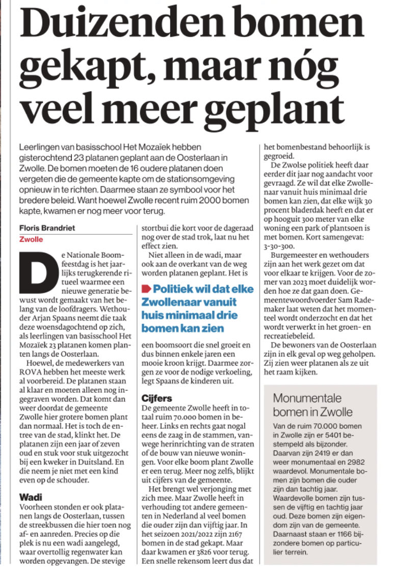 #Boomfeestdag #Zwolle. Streven is dat elke Zwollenaar vanuit huis minimaal 3 bomen kan zien, dat elke wijk 30 procent bladerdak heeft en dat er op hooguit 300 meter van elke woning een park of plantsoen is met bomen. Samengevat: 3-30-300. ⁦⁦<a href="/CUZwolle/">ChristenUnie Zwolle</a>⁩ ⁦<a href="/ds_Zwolle/">deStentor_Zwolle</a>⁩