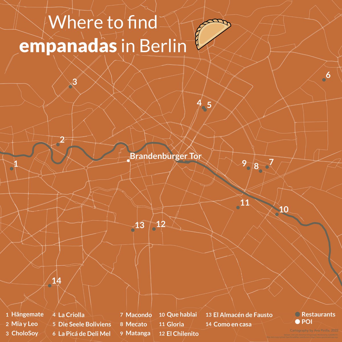 aopinillap's tweet photo. The 3rd Latin American Empanadas Weekend was held in Berlin on the first weekend of October this year. I created this map that shows the places that participated in this edition.
Day 15 of the #30DayMapChallenge. https://t.co/rGANvy3Dl6