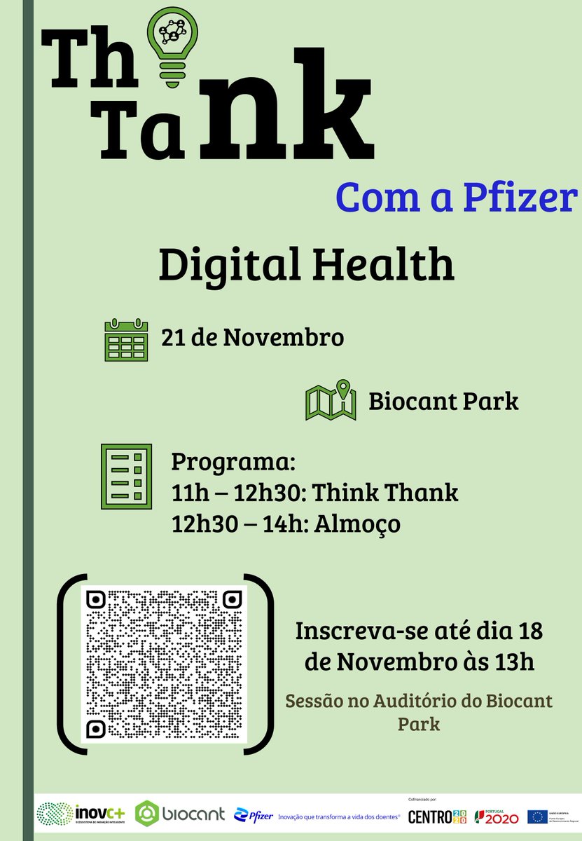 📌O Biocant Park está a promover juntamente com a Pfizer, o Think Tank – Digital Health.

🕰Este evento irá realizar-se, dia 21 de novembro, às 11h no auditório Biocant Park.

✍ Para participar neste evento, inscreva-se em: lnkd.in/dED_vnR7

👍 Contamos consigo!