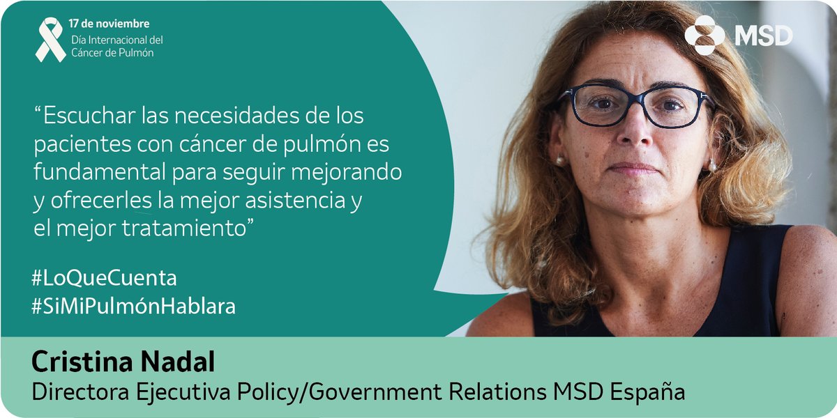 MSDEspana's tweet photo. Cristina Nadal, Directora Ejecutiva Policy/Government Relations de #MSDEspana, nos trasmite la importancia de escuchar las necesidades de los pacientes para avanzar en la lucha frente al #cáncerdepulmón. #LoQueCuenta #SiMiPulmónHablara https://t.co/m1ACBiMOZY