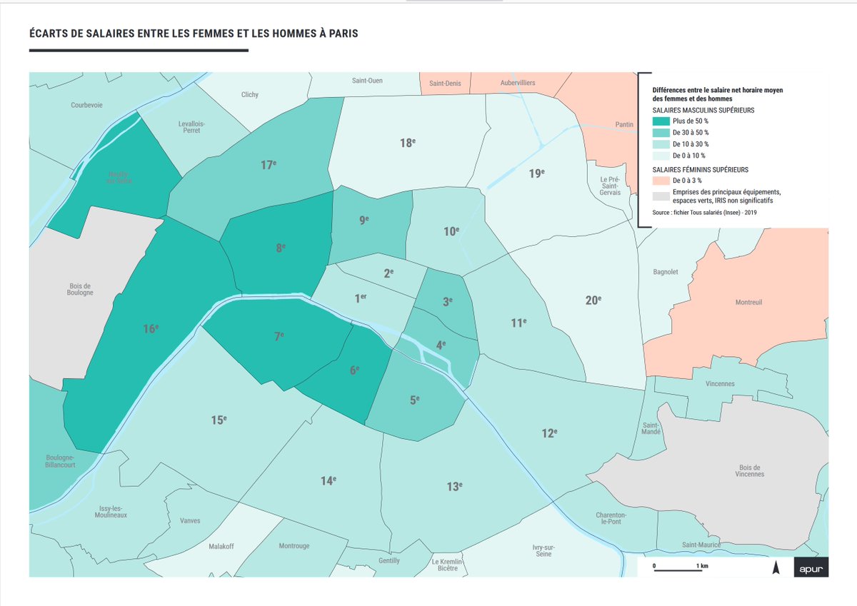 Carte de l'<a href="/__Apur__/">Apur - Atelier parisien d'urbanisme</a> sur les écarts de salaires hommes/femmes à Paris et en première couronne apur.org/fr/nos-travaux…