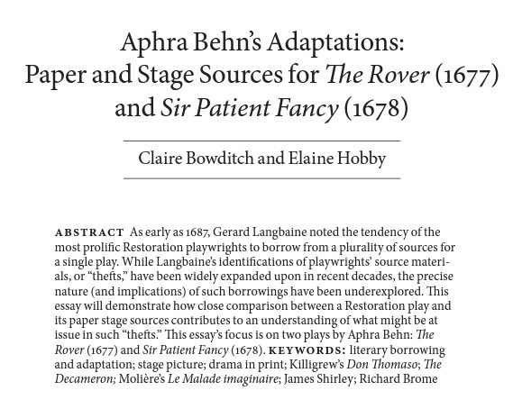 Rachel Willie (@racheljwillie) on Twitter photo Next Teaser! In “Aphra Behn’s Adaptations: Paper & Stage Sources for The Rover (1677) & Sir Patient Fancy (1678)”, the distinguished duo <a href="/thefairjilt/">Claire Bowditch</a> & Elaine Hobby trace the different modes & strategies of literary borrowings in two of Behn’s plays. Langbaine oversimplified… Next Teaser! In “Aphra Behn’s Adaptations: Paper & Stage Sources for The Rover (1677) & Sir Patient Fancy (1678)”, the distinguished duo <a href="/thefairjilt/">Claire Bowditch</a> & Elaine Hobby trace the different modes & strategies of literary borrowings in two of Behn’s plays. Langbaine oversimplified…