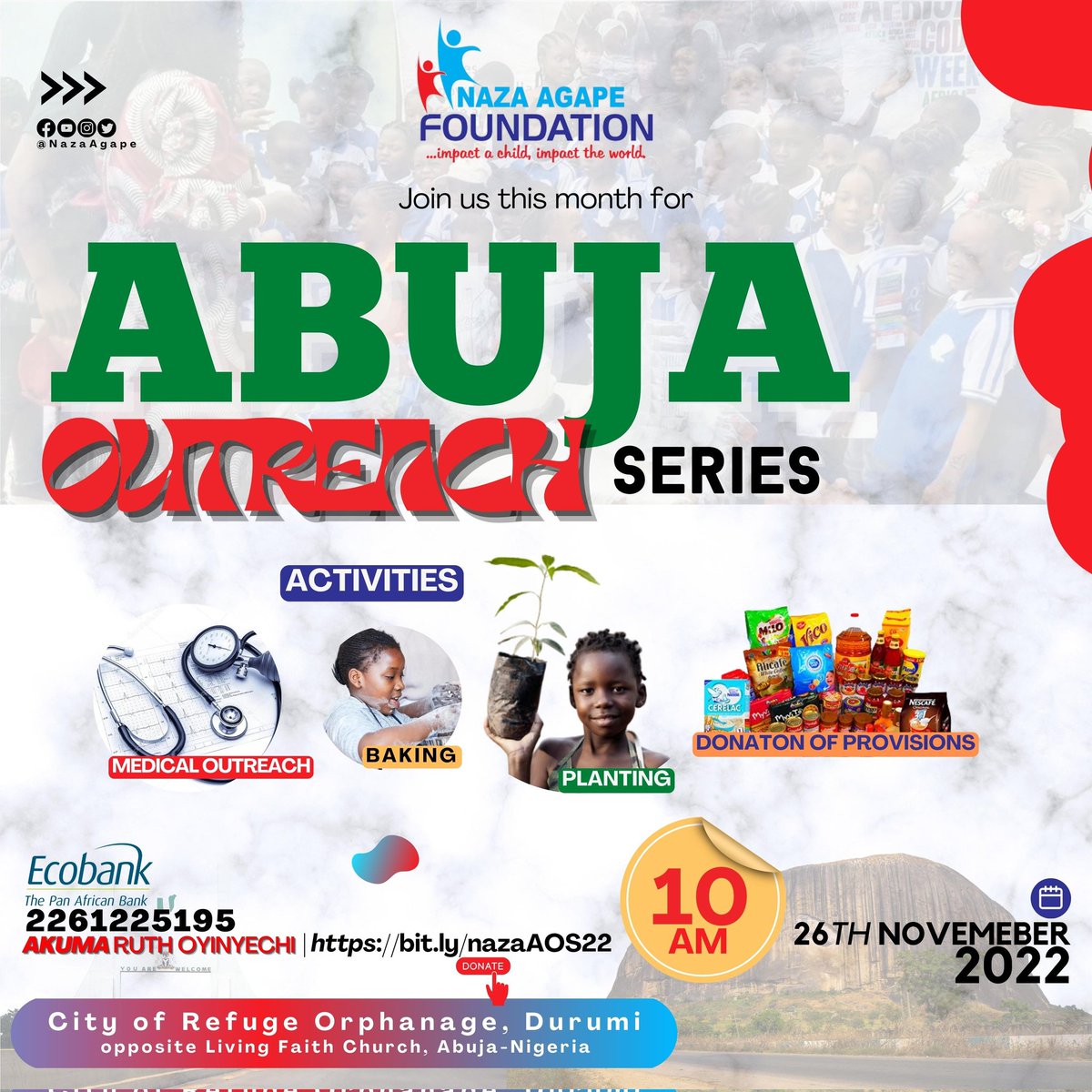 NazaAgape's tweet photo. Join the Impact Team in Abuja this November to carry out some projects this November.....
You can donate through the link below
https://t.co/PHaH06owtO
#impactachildimpacttheworld #zerohunger #impactachild #sdgs #ImpactingTheWorld #ProjectFeed5000 #povertyalleviation https://t.co/W2qZ3KikG9