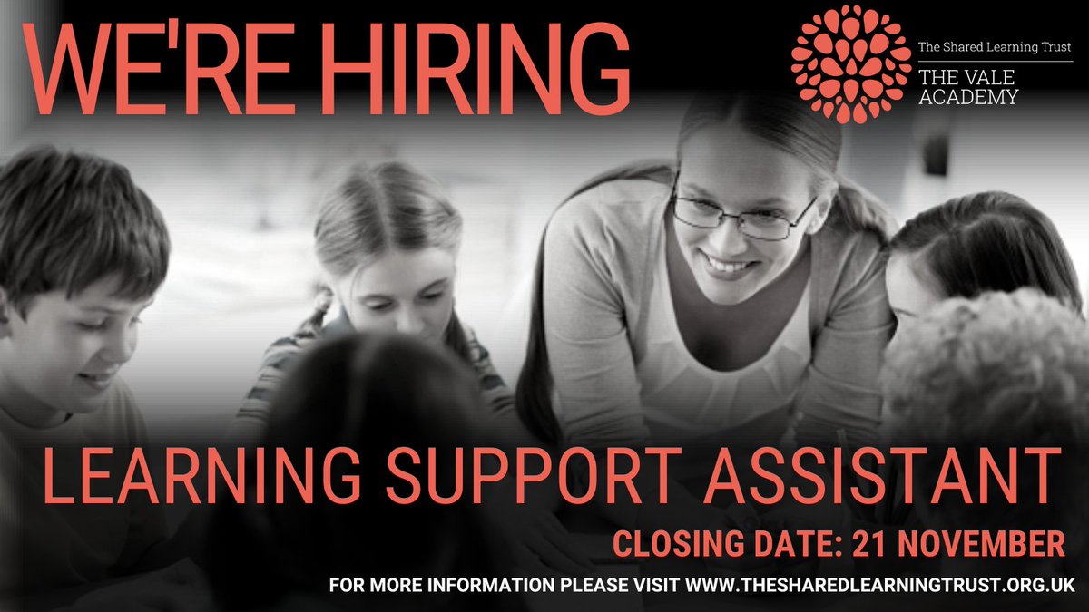 TheValeAcademy's tweet photo. We are now seeking a #LearningSupportAssistant to join our Specialist Resource Provision &amp; support our students with additional needs. 
For more info &amp;  to apply online, click below:
https://t.co/KlcXjFLiCi
@mynewterm @UoB_teaching @UoB_TE https://t.co/JtUV6T4yZH