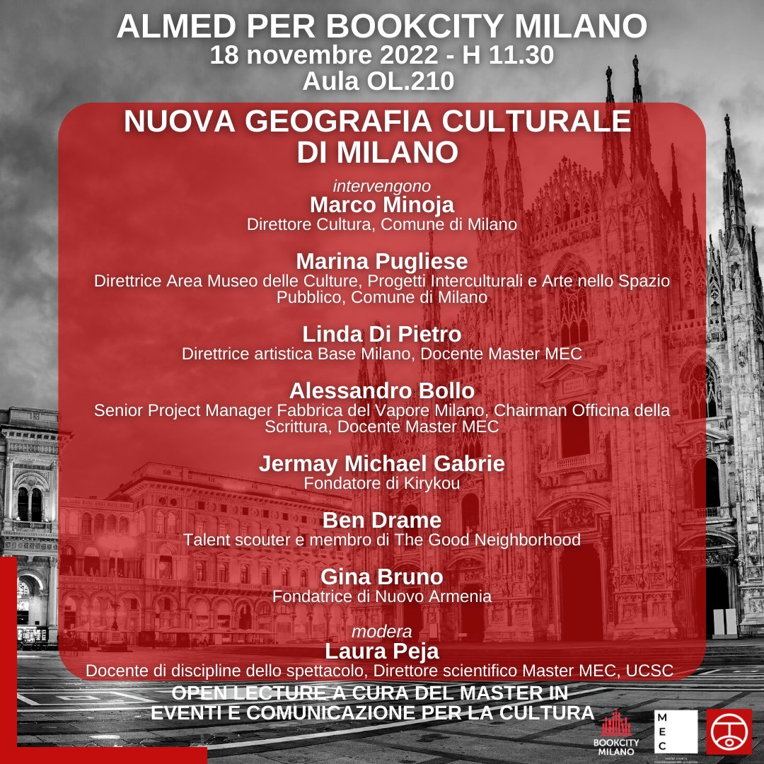 Almed_Unicatt's tweet photo. 🔴 ALMED PER BOOKCITY MILANO 🔴

Nuova geografia culturale di Milano
📆 18 novembre
🕦 11.30
📍 Aula OL.210

Come tante altre citt, Milano sta sperimentando nuovi scenari nella produzione creativa grazie anche all’influsso culturale dei cittadini di seconda e terza generazione. https://t.co/oGxwplT3hA