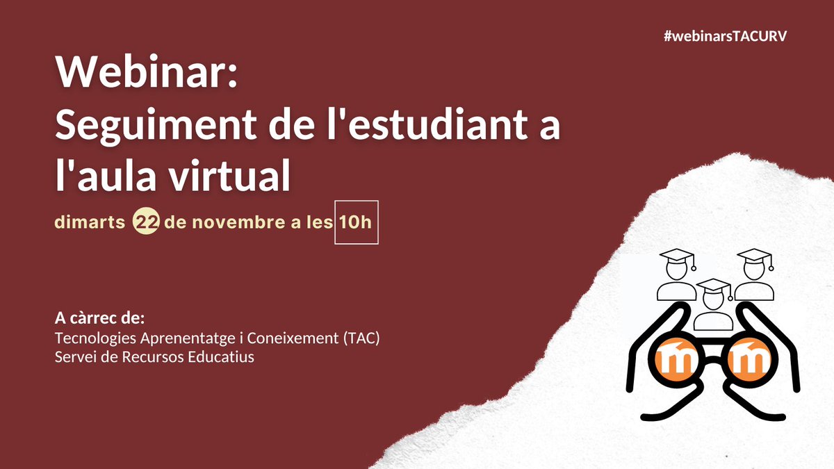 🆕Formació online🗓️22 de novembre a les⏰10h: 
Seguiment de l'estudiant a l'aula virtual🔎
A càrrec de la companya TAC <a href="/tania_molero/">Tania Molero Aranda</a> del <a href="/sredURV/">sredURV</a> 
👉Com a #PDI de la @universitatURVpots accedir al #webinar <a href="/ICEURV/">ICE-URV</a>
 ℹ️: bit.ly/3zNnv7m
#URV #edu #universitats #Moodle
